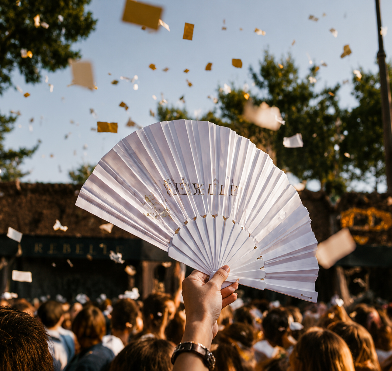 Rebelle festival fan with gold confetti